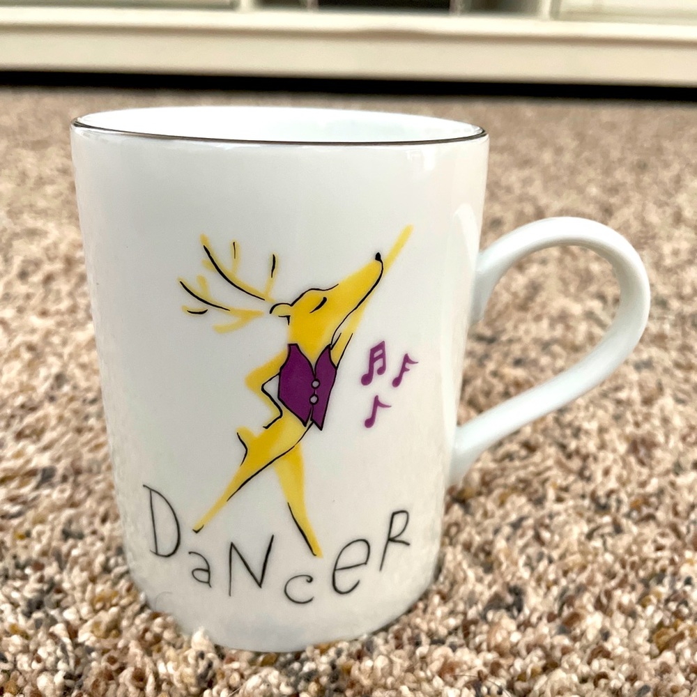 Pottery Barn Santa’s Reindeer DANCER Mug Christmas Made in Japan Platinum Trim